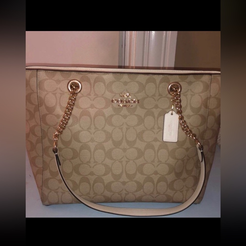 Coach Beige Signature Tote with Gold Accents